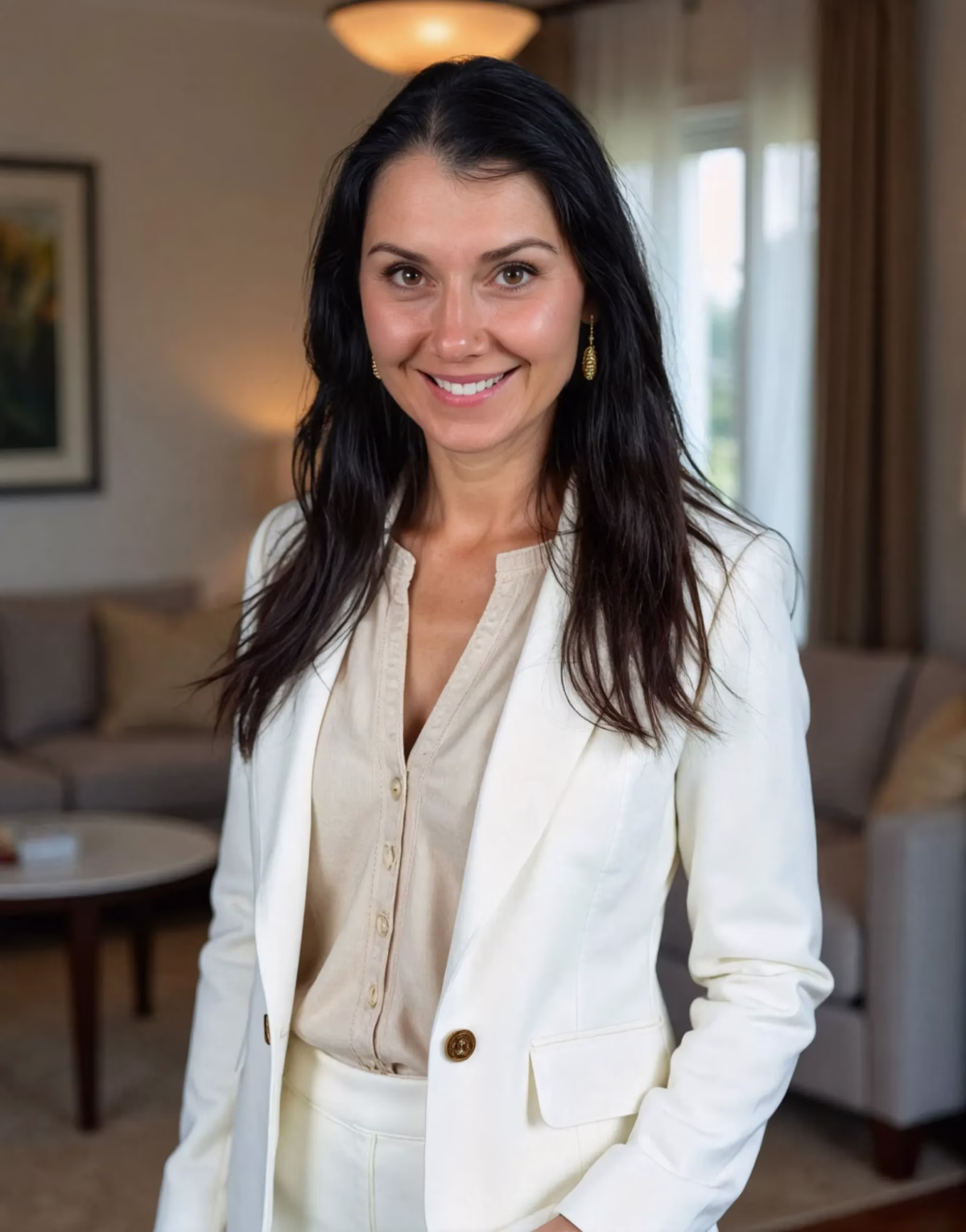 Co-owner of the Grand, Andreea Szasz, in a white blazer poses inside The Grand wedding venue in York SC near Charlotte NC